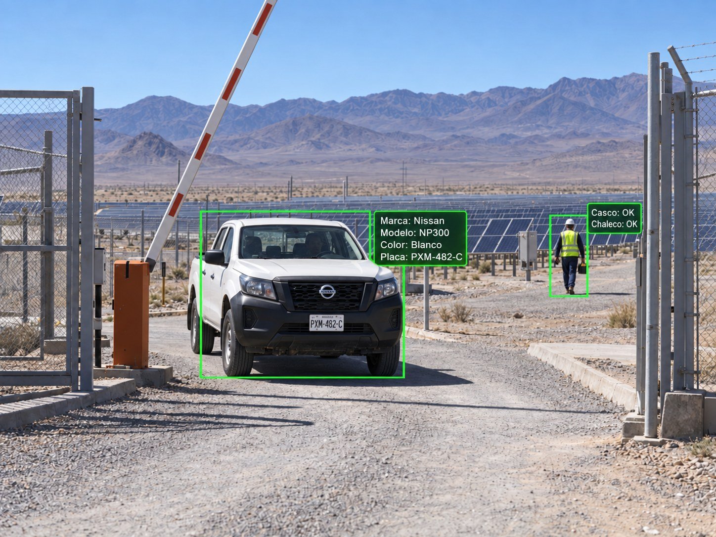 Control de accesos en un parque solar: lectura de matrícula y verificación de EPP con analítica de video Vaelsys