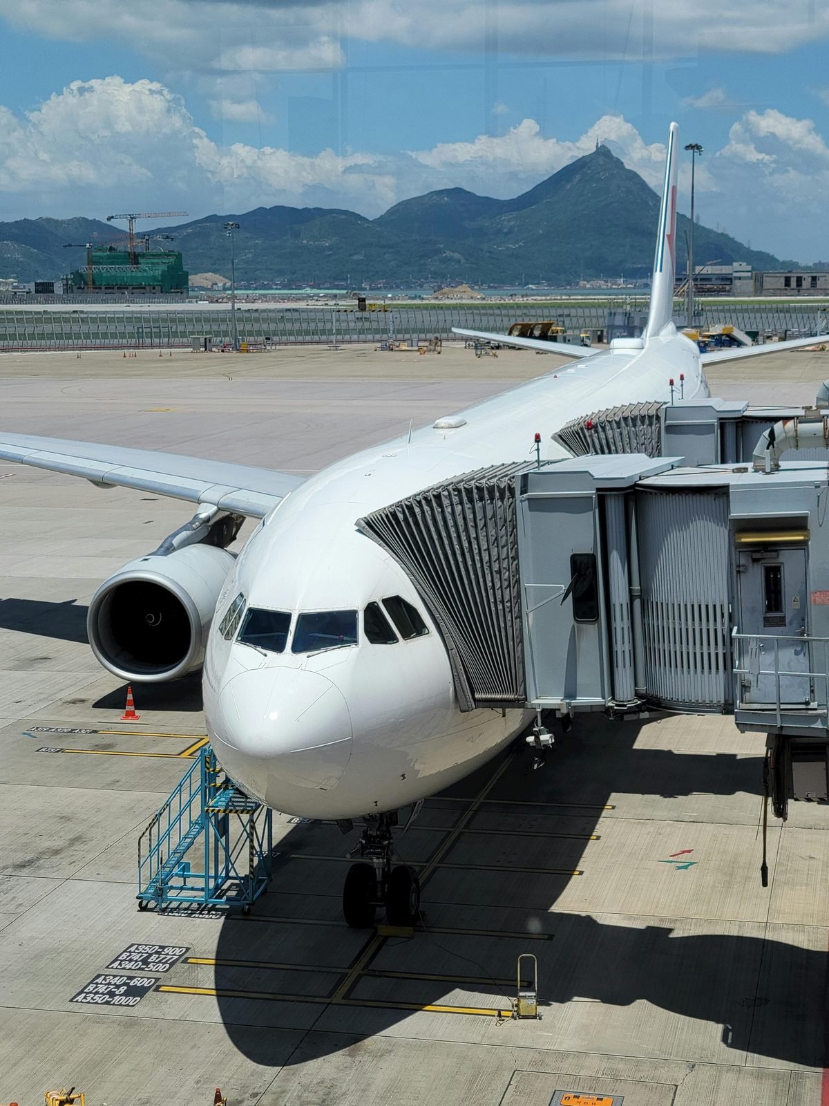 Avión conectado a la pasarela de embarque en plataforma de aeropuerto