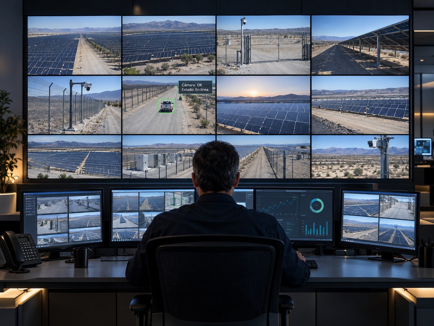 Operador en un centro de control con muro de video de parques solares
