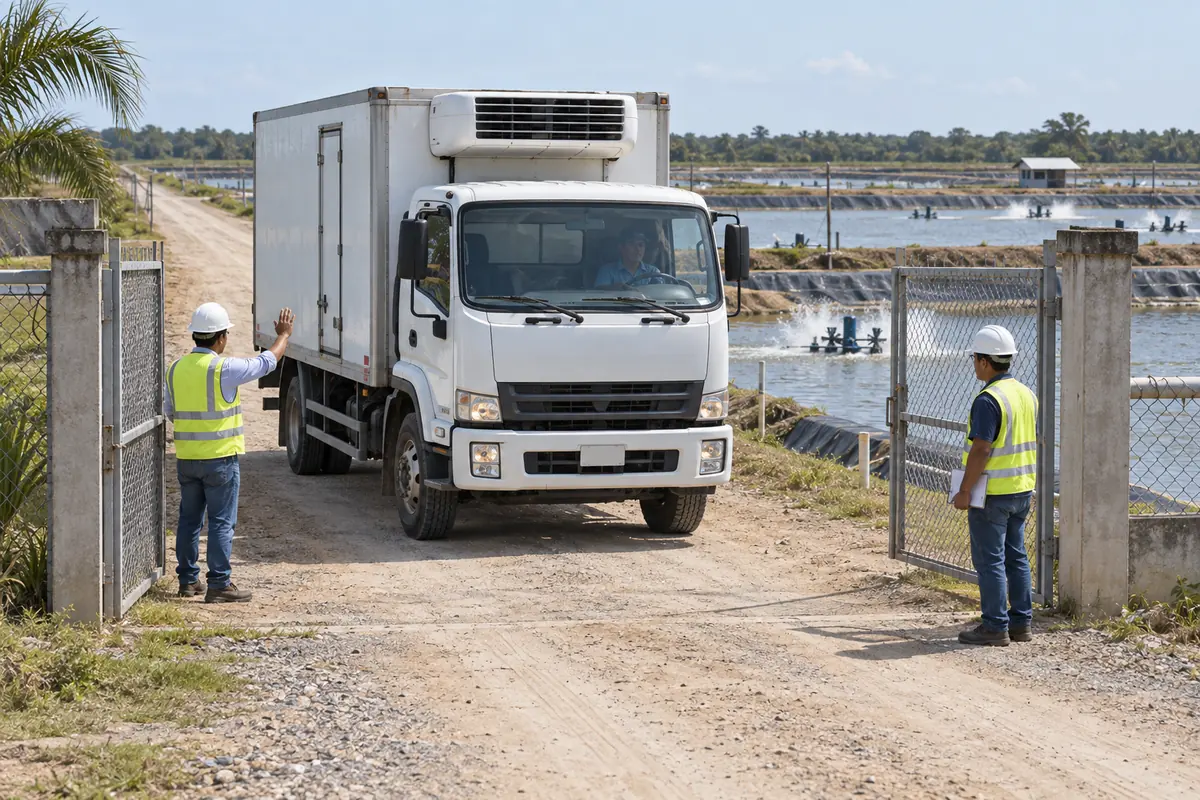 Camión refrigerado en el portón de una camaronera con personal de control de acceso