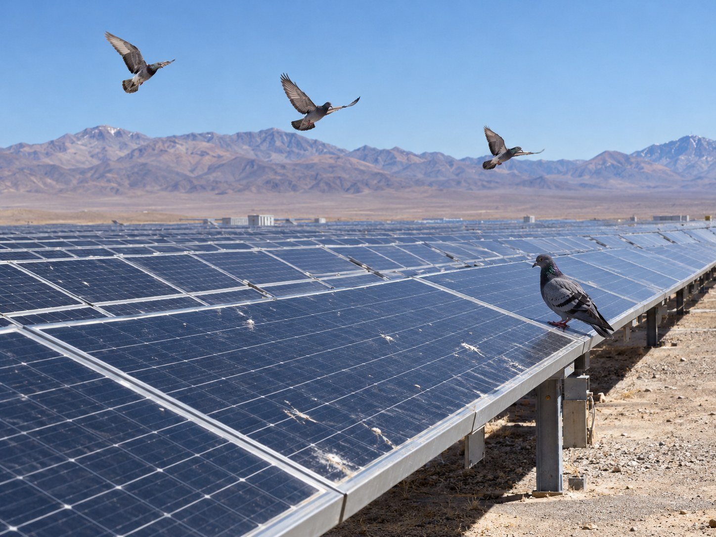 Aves volando sobre los paneles de un parque solar, disuasión con analítica de video Avians