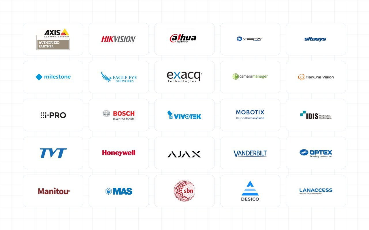 Logos de fabricantes de cámaras, VMS e intrusión integrados con VerifAIt