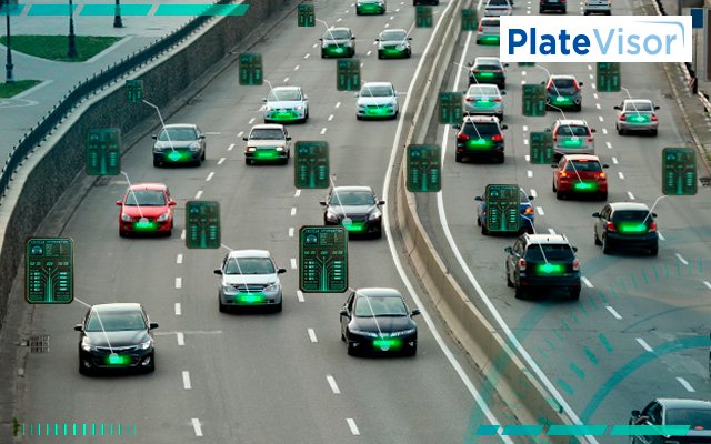 Avenida con vehículos identificados por lectura de placas