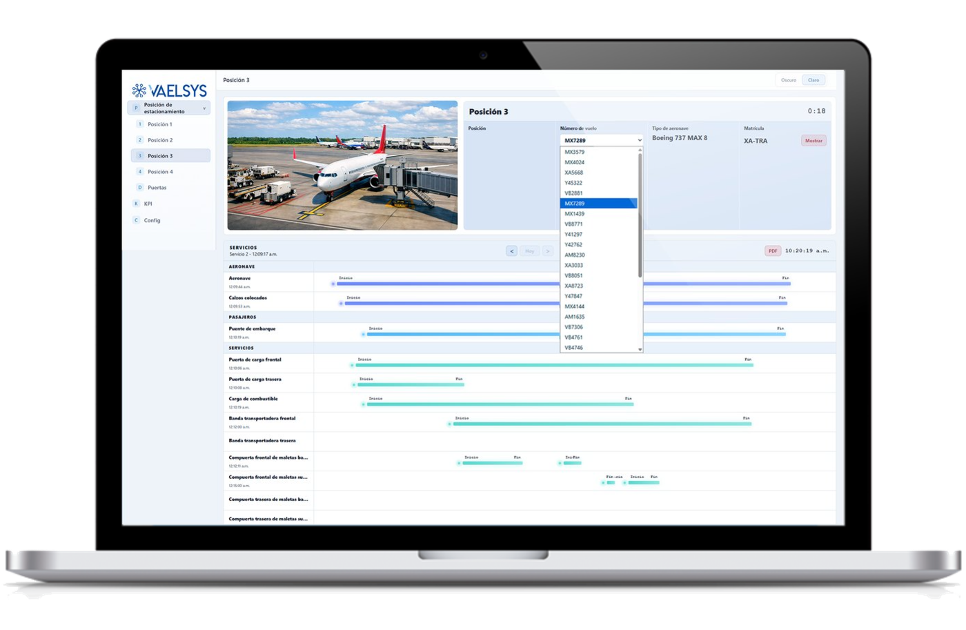 Panel operativo de Vaelsys LATAM: video en vivo del avión en posición, selector de vuelo, datos de la aeronave y la línea de tiempo de cada servicio en una sola pantalla