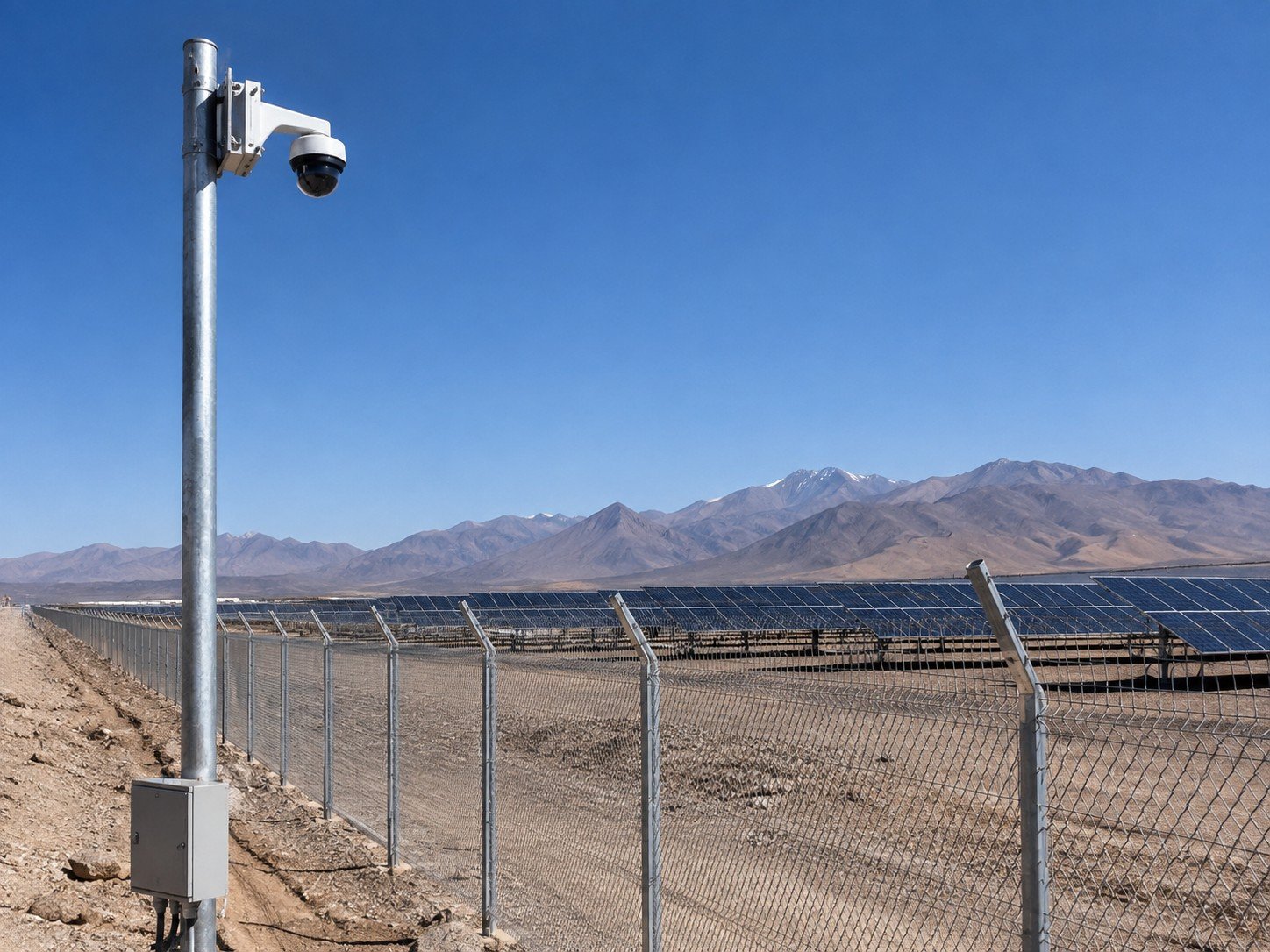 Cámara de videovigilancia en el cerco perimetral de un parque solar