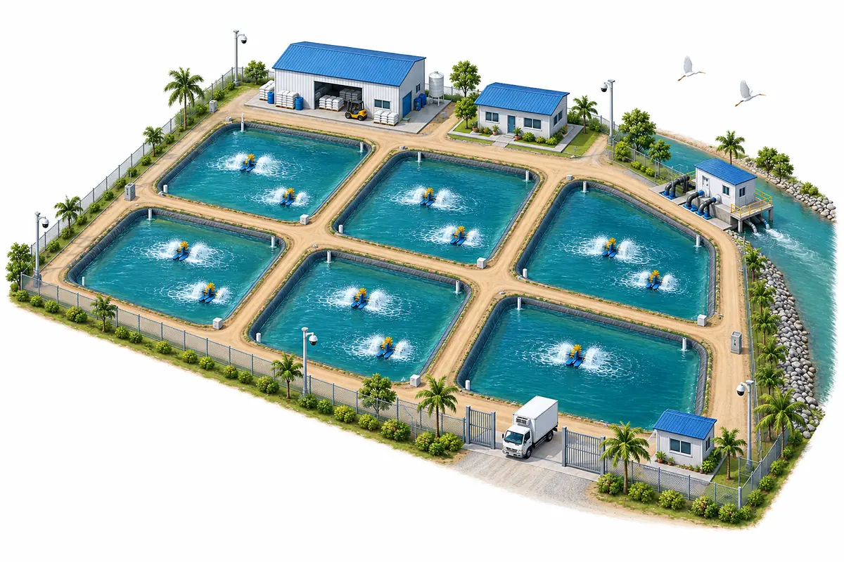 Plano ilustrativo de una camaronera con perímetro, piscinas, estación de bombeo, bodegas y portón de despacho